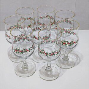 Libbey Holiday Christmas Wine Glasses w/ Gold Trim Holly Berry Design Set of 8